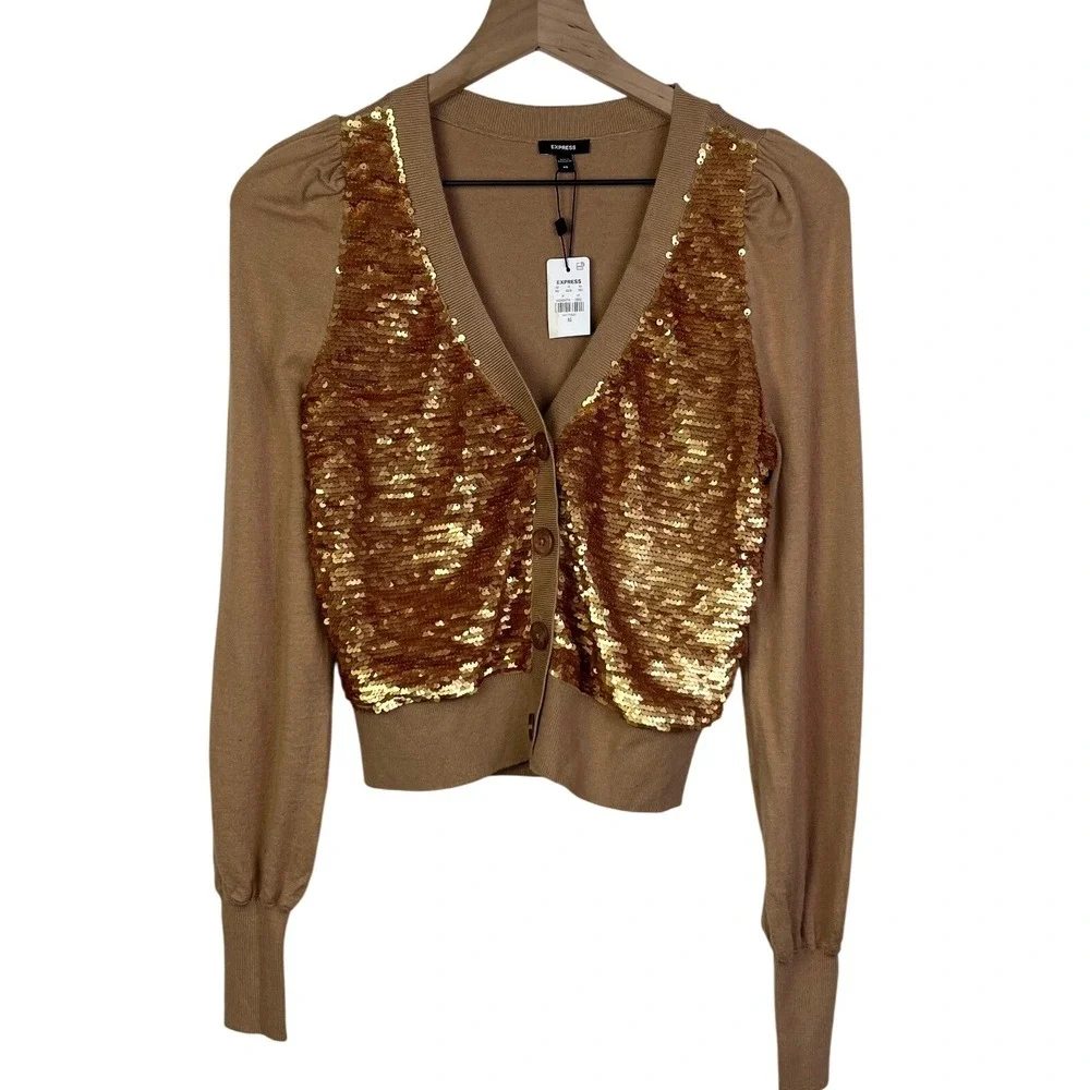Express Women's Camel‎ Party Sequin V Neck Button Front Cardigan Sweater New XS